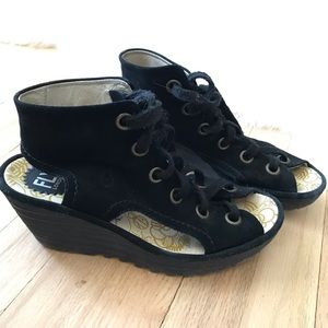 FLY London Black Suede Wedges